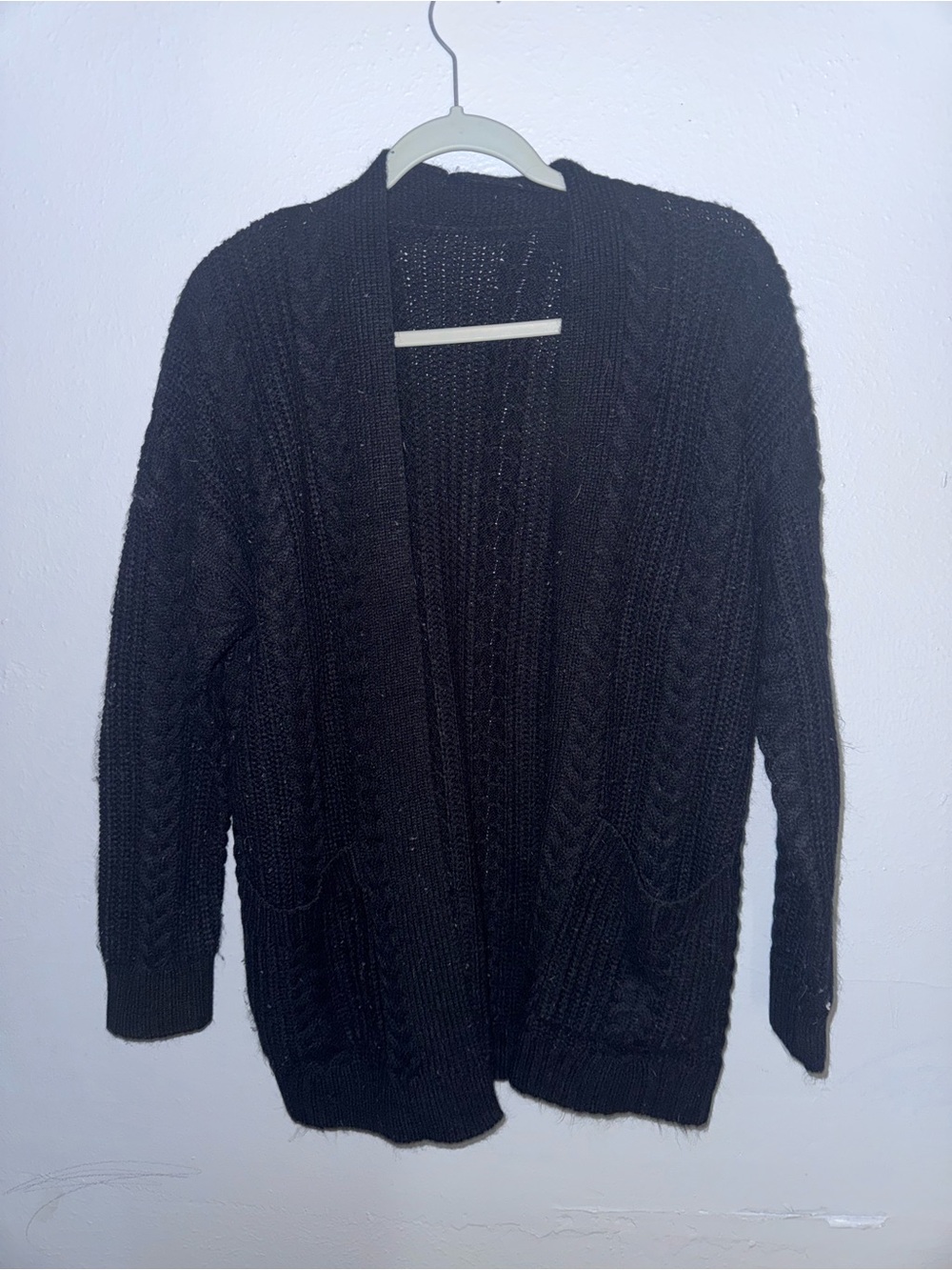 Black Open-Front Cable Knit Cardigan Jacket